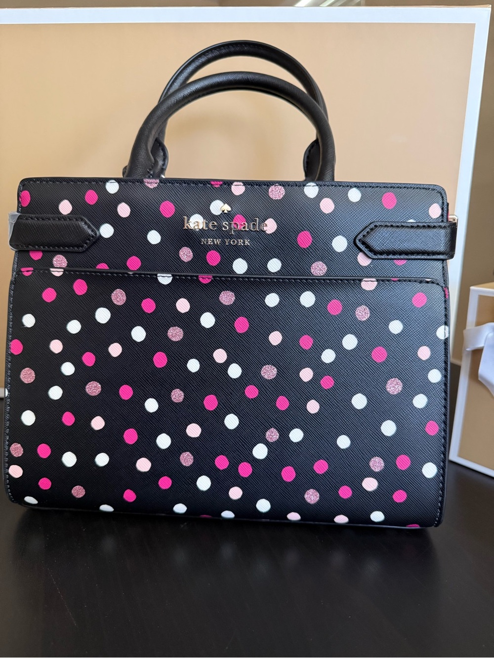 💯% Auethentic Kate Spade Black Polka Dot Satchel with Pink & White Dots - Picture 7 of 12